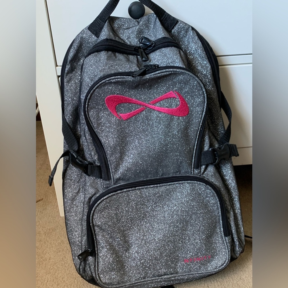 Nfinity cheer bag - silver sparkle backpack with pink logo